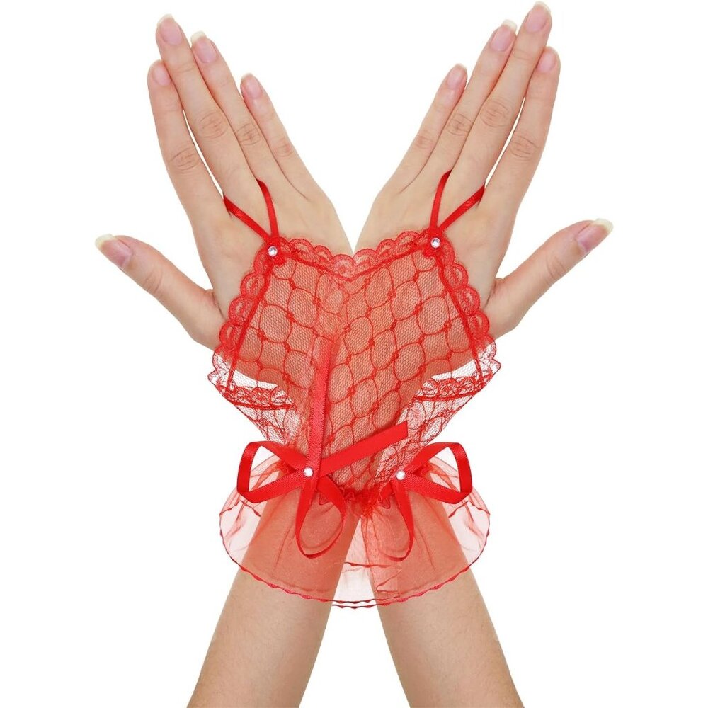 Women's Finger Loop Red Rhinestone Bow Lace Mesh Net Gloves Halloween Costume